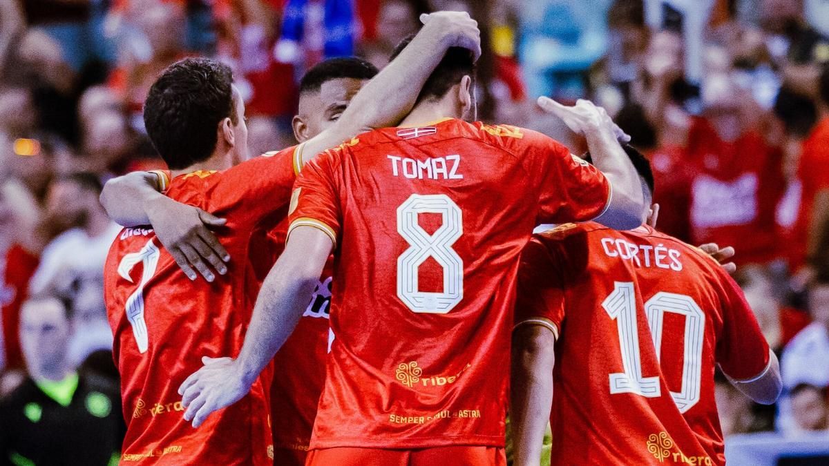 El Jimbee Cartagena celebra un gol contra el Barça