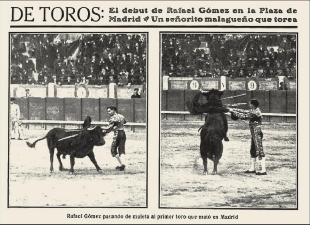 Recorte de prensa de su debut como novillero en la plaza de toros de Madrid, en 1911, anunciado como «un señorito malagueño que torea».