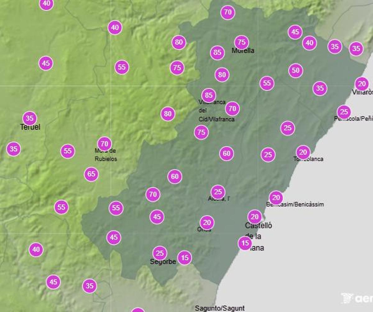 Probabilidad de lluvia en Castellón el miércoles entre las 12.00 y las 18.00 horas.
