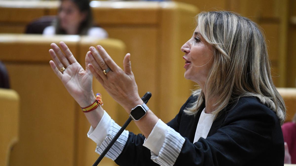 La portavoz del PP en el Senado, Alicia García, durante una sesión de control al Gobierno, en el Senado, a 11 de junio de 2024, en Madrid (España).