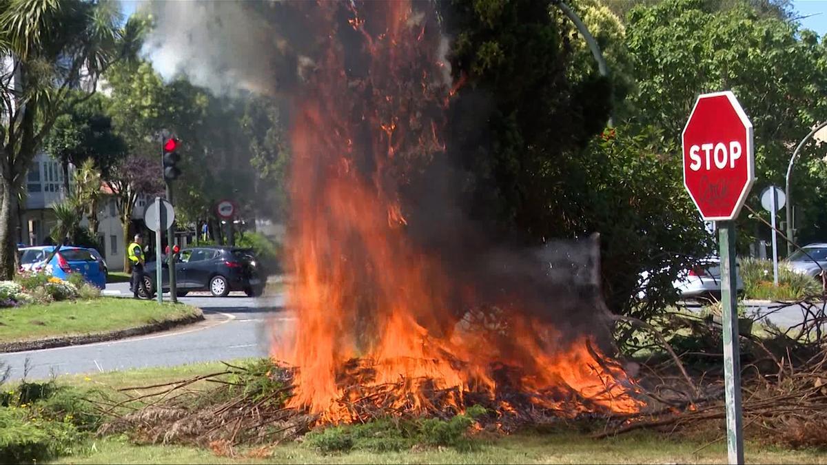 Arde un ciprés durante la manifestación de los bomberos comarcales