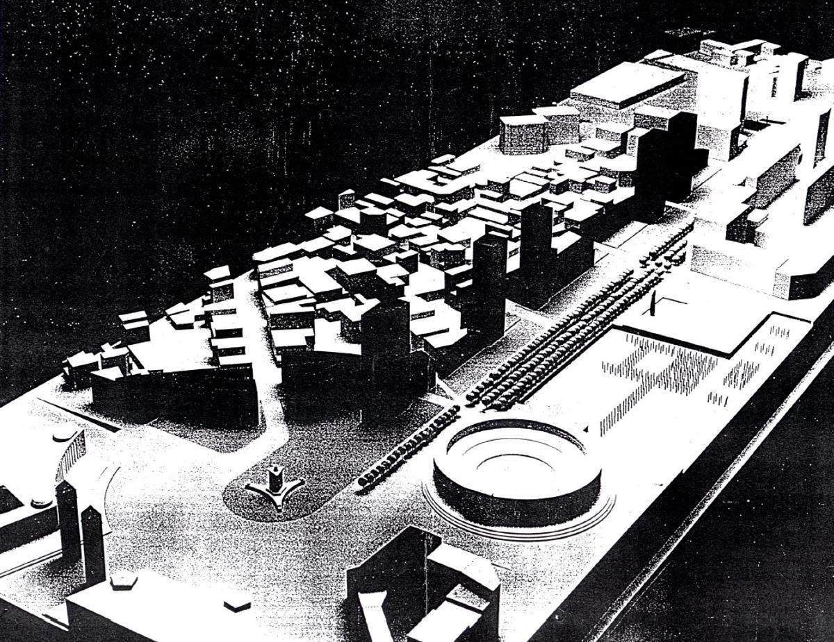 Una maqueta de 1987 con las torres proyectadas en la calle Tarragona, desde el entorno de la estación de Sants y la plaza Espanya, en Barcelona.