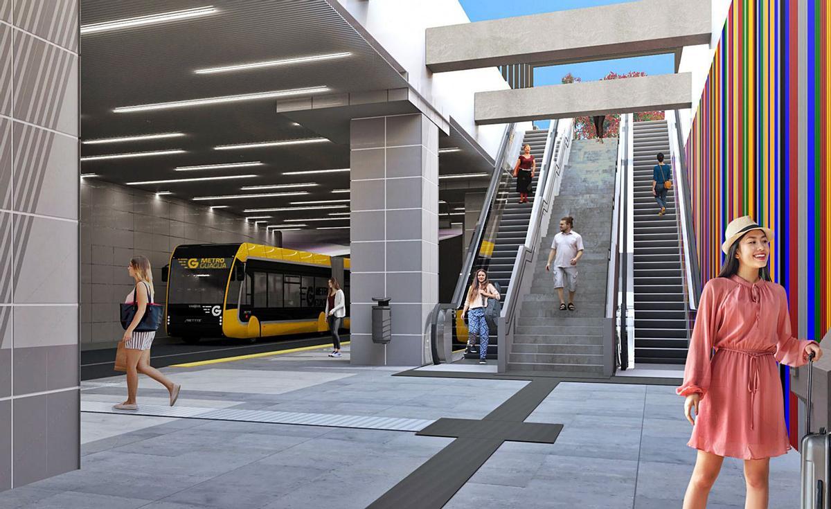 Recreación de cómo quedará la parada subterránea de la MetroGuagua bajo el parque Santa Catalina. | | AYUNTAMIENTO DE LAS PALMAS DE GRAN CANARIA