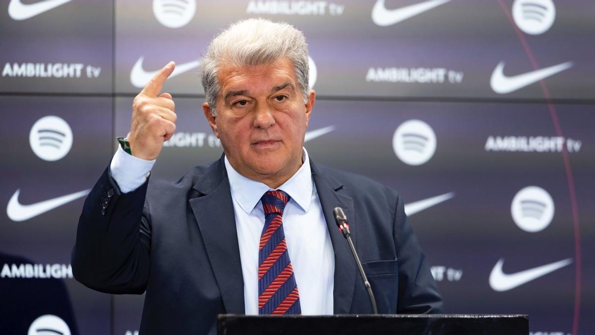 Joan Laporta, durante su rueda de prensa para hablar del caso de Dani Olmo y Pau Víctor