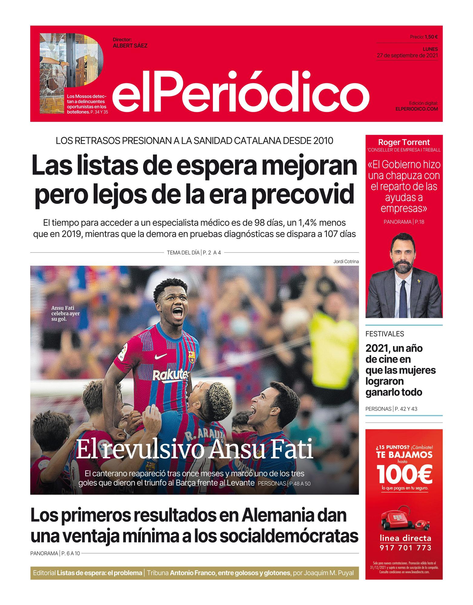 La portada de EL PERIÓDICO del 27 de septiembre del 2021