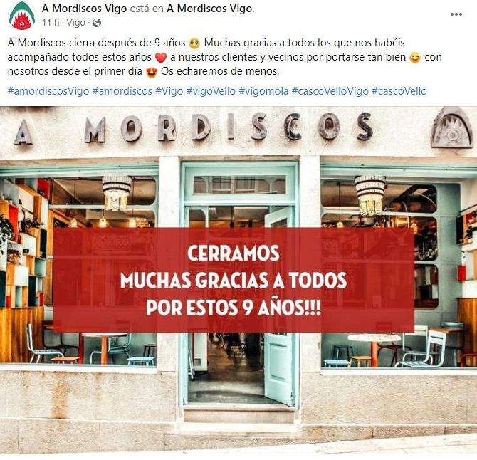 Anuncio del cierre de A Mordiscos en su cuenta de Facebook.