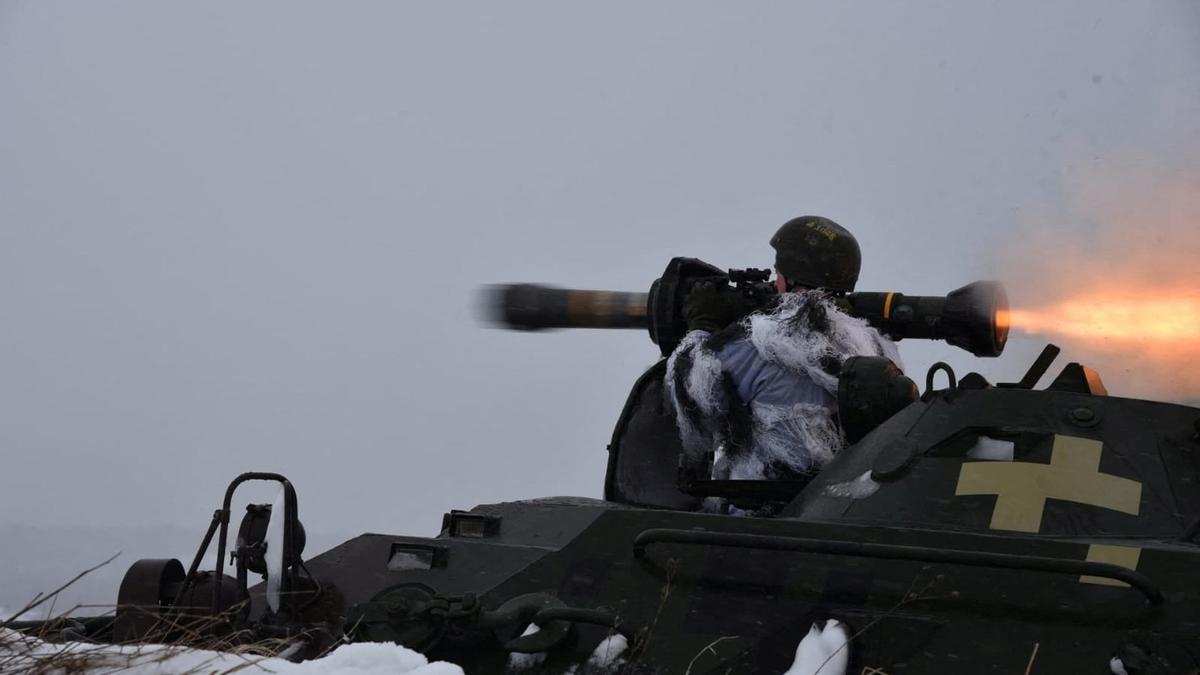 Ukrainian service members use NLAW missiles during drills in the Lviv region