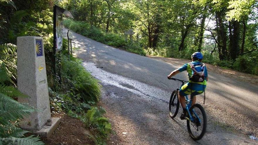 un ciclista pasa junto a uno de los nuevos mojones del Camino de Santiago en la Sanda da Auga, ayer. // FdV