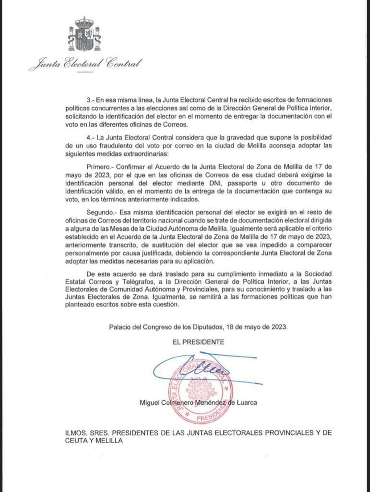 Resolución de la Junta Electoral Central sobre Melilla.
