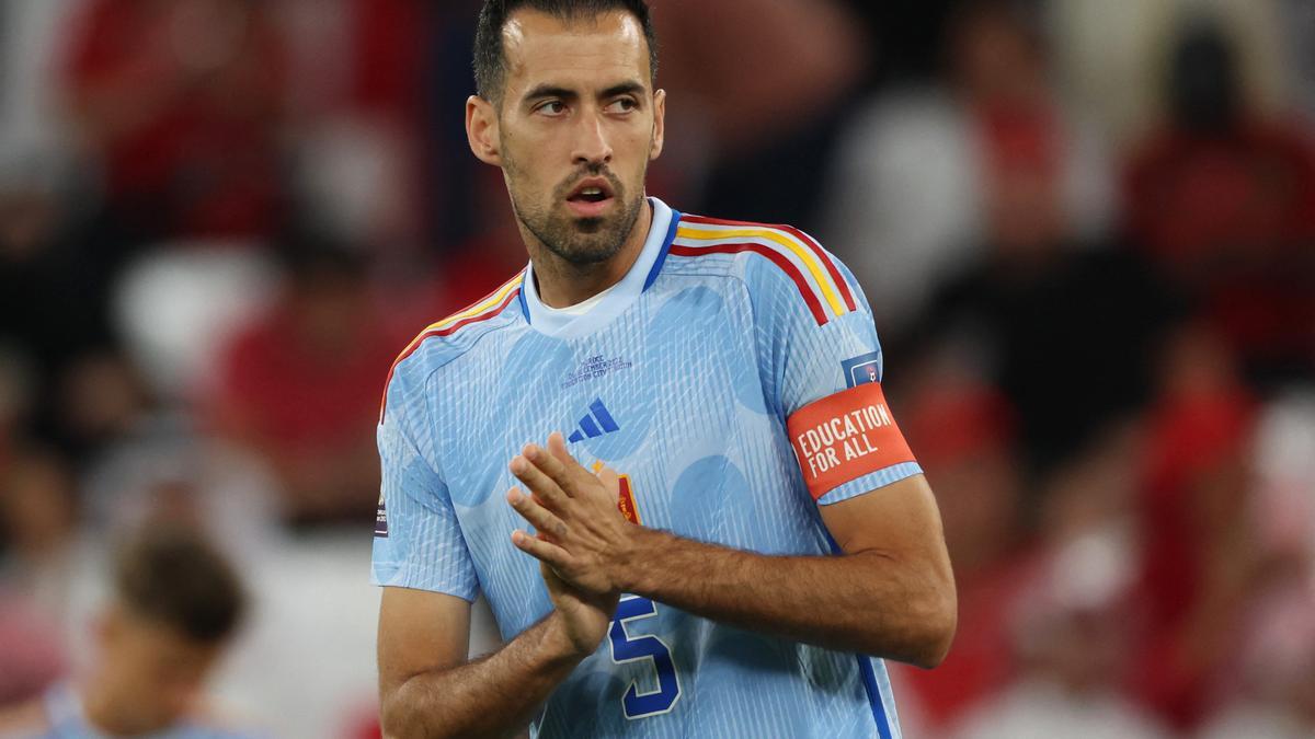 Sergio Busquets durante el partido contra Marruecos.