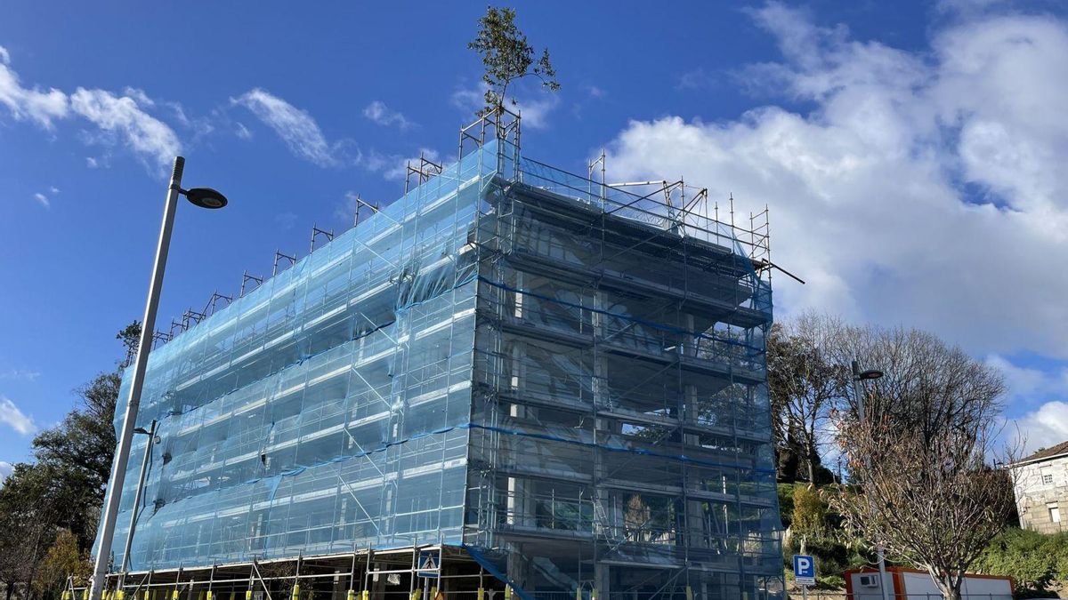 Ramo de loureiro nun edificio en construción.