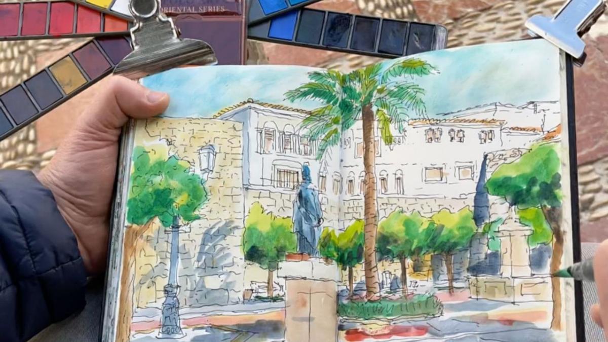 Un dibujante urbano recrea la plaza de la Iglesia, en el Casco Antiguo de Marbella. | L.O.