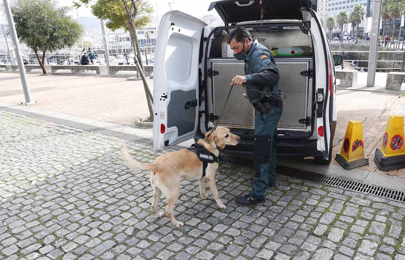 El jefe del grupo Cinológico Fran Varela, con Homer, en la Estación Marítima de Vigo.