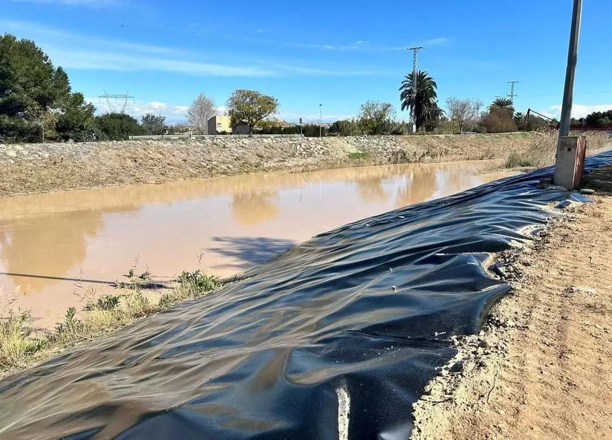 Cubrimiento con lonas opacas del cauce del río en Rojales para "matar" los rizomas de la caña tras su desbroce. Imagen de una intervención reciente de la Generalitat en colaboración con la CHS
