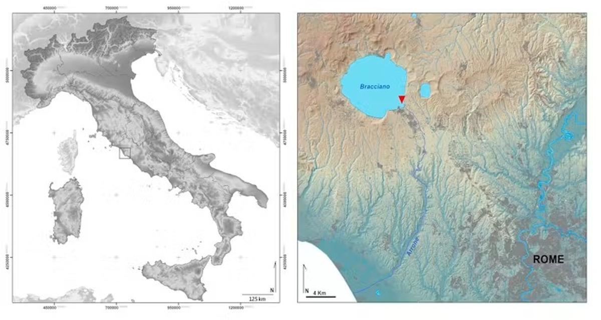 Localización del asentamiento de canoas, bajo el lago Barciano, muy cerca de Roma.
