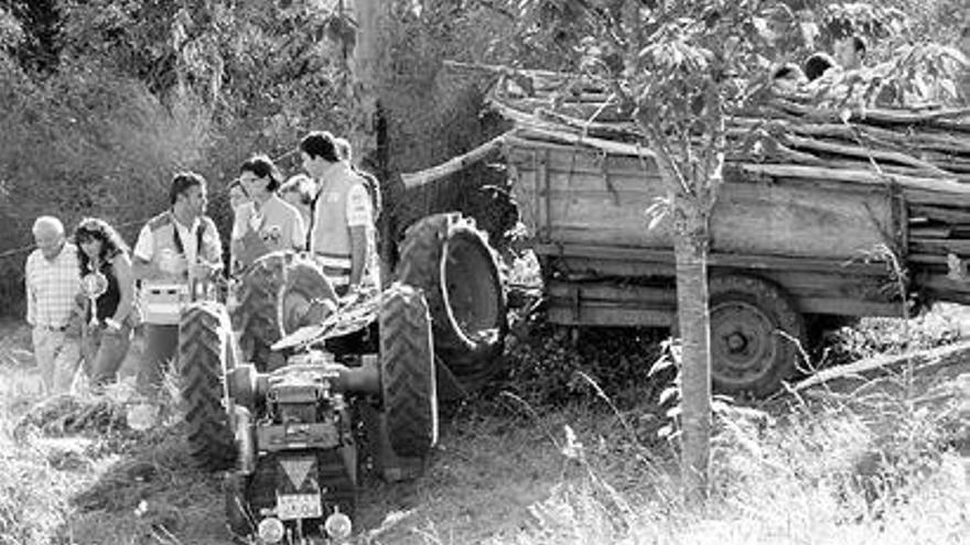 El tractor accidentado en Paredes, con el remolque cargado de leña. / junior