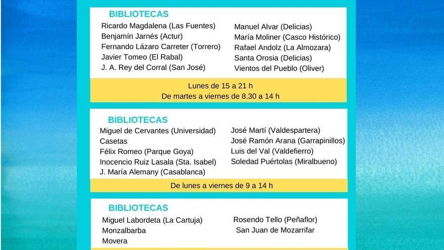 Horarios de las Bibliotecas Públicas Municipales de Zaragoza este verano.