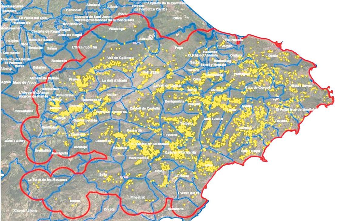 Mapa de la zona demarcada por la xylella.