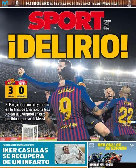 Portada SPORT jueves 2 de mayo de 2019