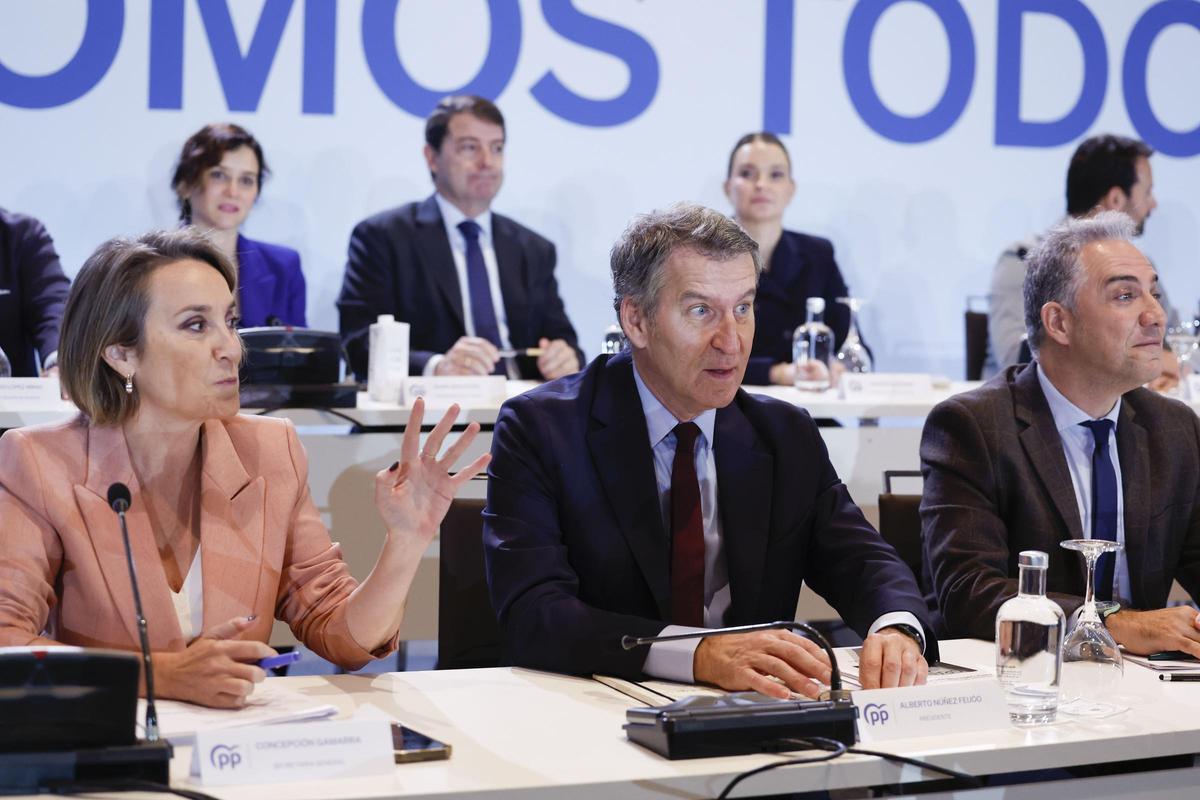 Alberto Núñez Feijóo, entre Cuca Gamarra y Elías Bendodo, en la junta directiva nacional del PP.Javier Lizón