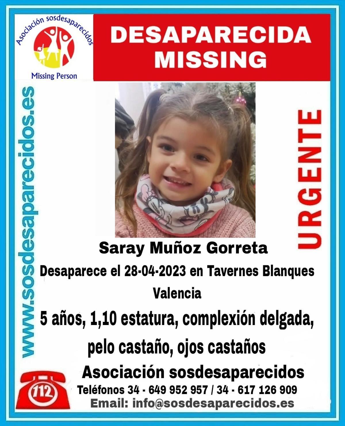 Cartel de la Asociación de Desaparecidos con la imagen y la descripción de Saray.