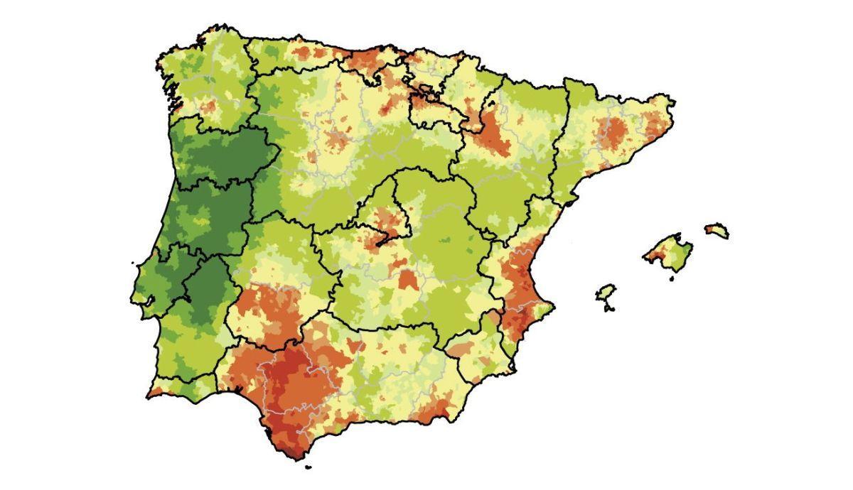 Mapa de riesgo relativo de fallecer por cáncer de vejiga.