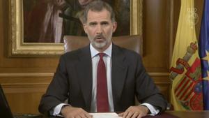 El rey Felipe VI, durante su discurso sobre la situación en Catalunya, el 3 de octubre del 2017.