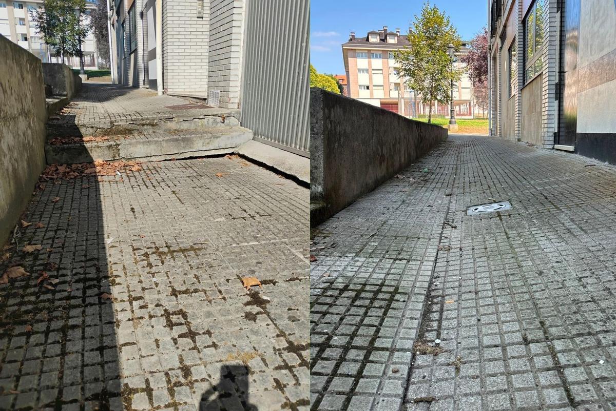 Los hundimientos que presenta la acera que rodea el edificio.