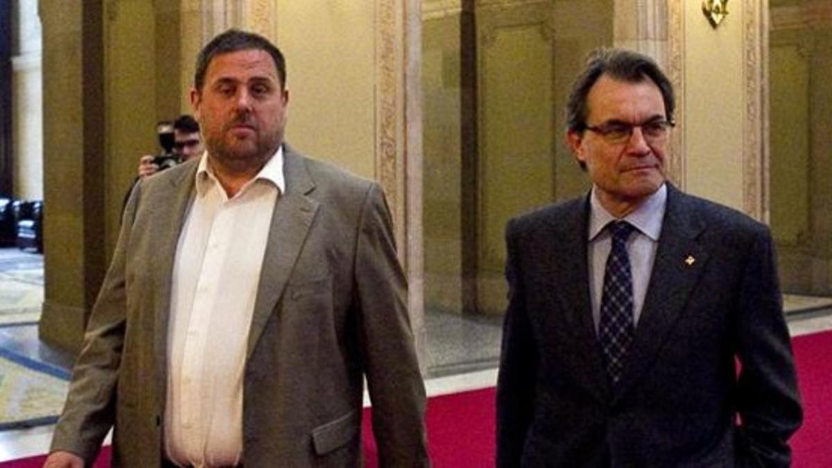 Oriol Junqueras y Artur Mas, el pasado mes de abril en el Parlament.