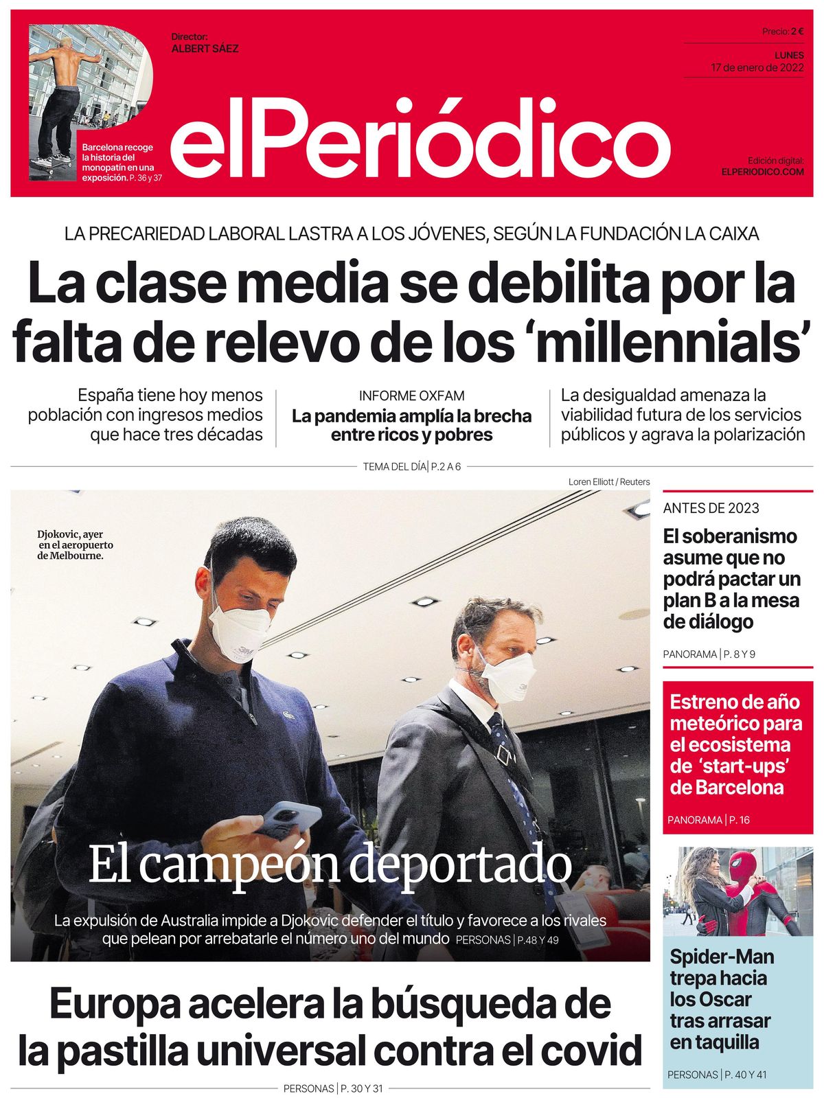 La portada d’EL PERIÓDICO del 16 de gener del 2022