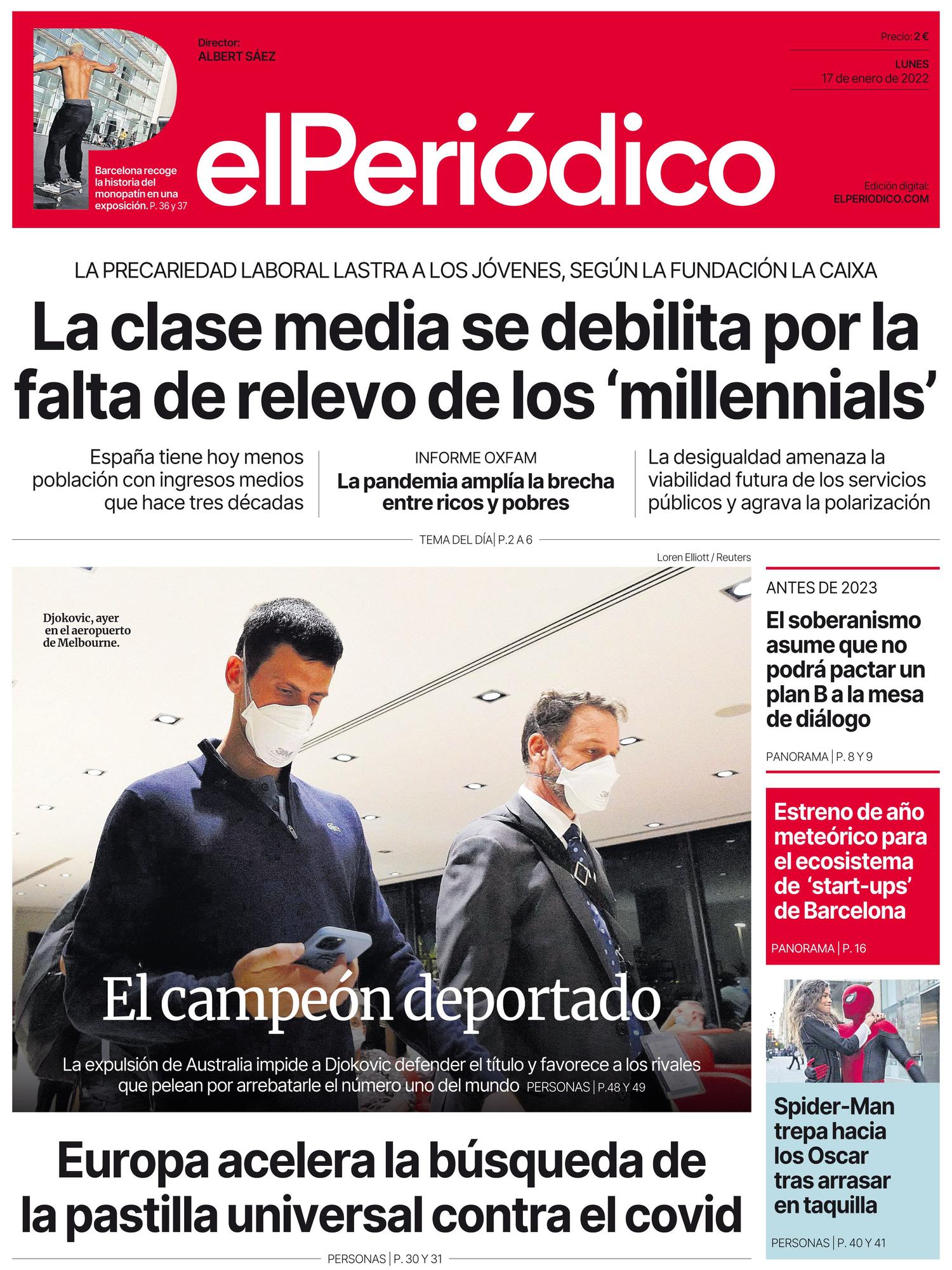 La portada de EL PERIÓDICO del 17 de enero de 2022