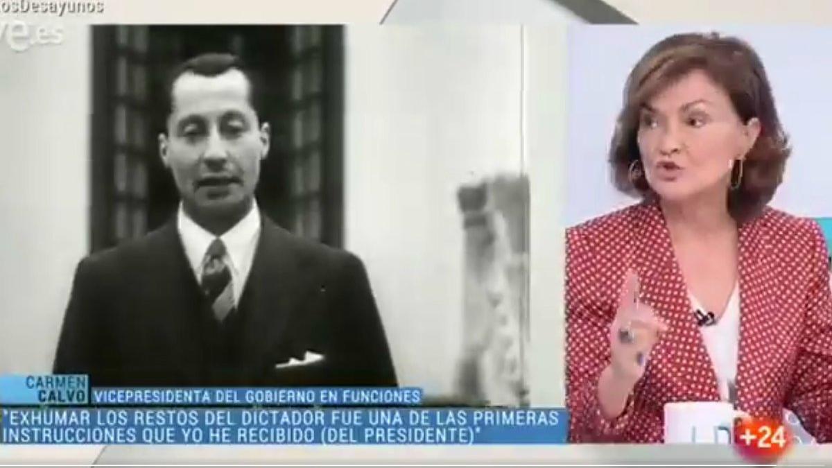 La vicepresidenta del Gobierno en funciones, Carmen Calvo, durante su intervención sobre Primo de Rivera en 'Los desayunos de TVE&quot;, el 28 de octubre del 2019