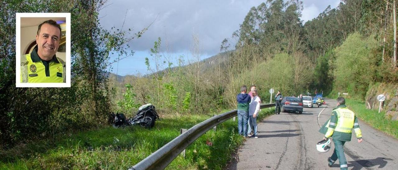 La moto del fallecido arrollada por el kamikaze en su huida en Pravia. En el recuadro, Dámaso Guillén, el guardia civil muerto heroicamente al evitar que el criminal llegase al pelotón ciclista.