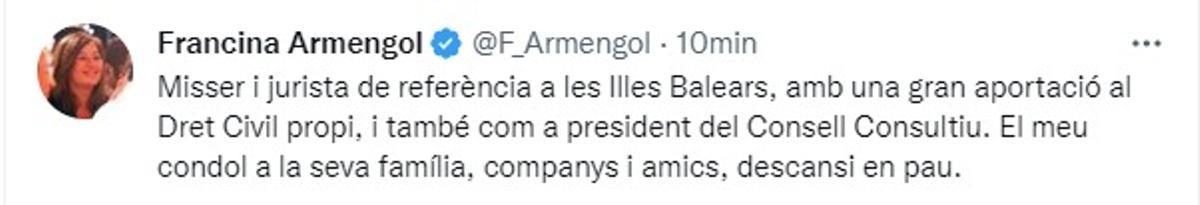 Tuit de Francina Armengol sobre el fallecimiento de Rafael Perera
