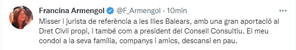 Tuit de Francina Armengol sobre el fallecimiento de Rafael Perera