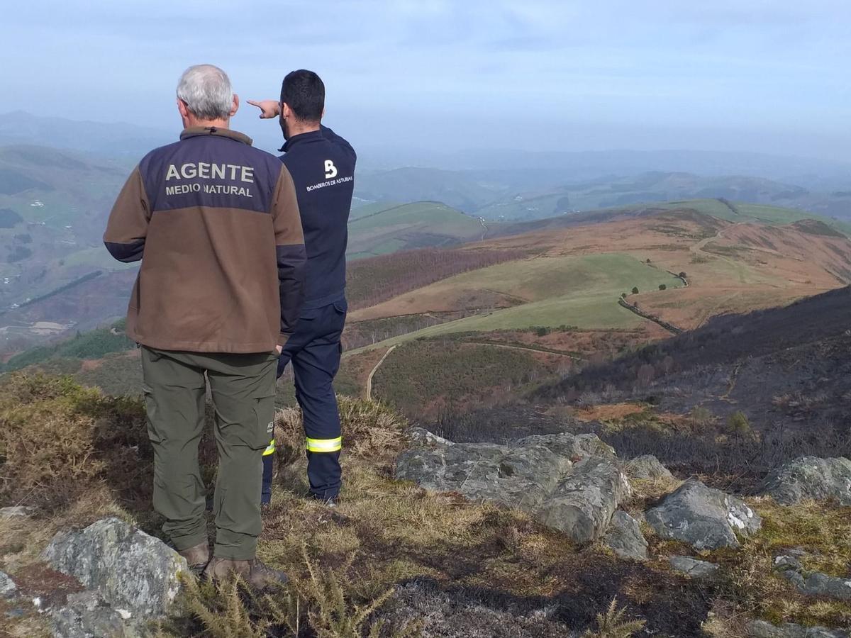 Un agente de medio natural controla un incendio junto a un bombero.