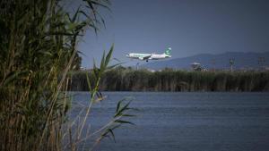 Un avión sobrevuela la laguna de la Ricarda antes de tomar tierra en el aeropuerto de Barcelona-El Prat.