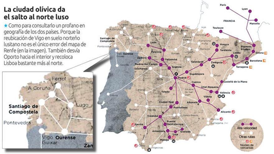 Un mapa de Renfe sitúa a Vigo dentro de Portugal