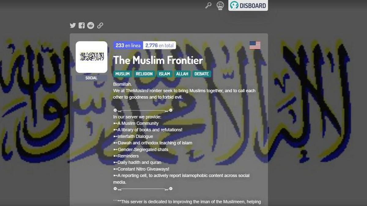 Un popular servidor de Discord dedicado a la 'enseñanza ortodoxa' del Islam luce la shahada sobre fondo blanco, bandera de los talibanes y promete chats separados por género.