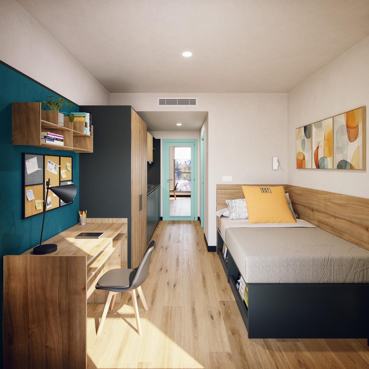 Imagen de las habitaciones que ofrece la residencia para estudiantes Bravo Students.