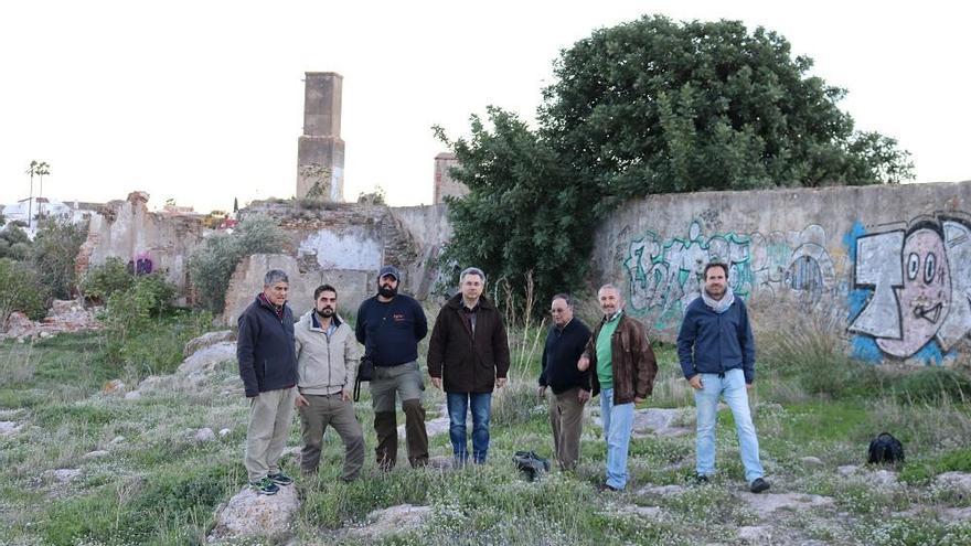 Miembros de la Asociación en Defensa del Patrimonio Industrial de Málaga, junto al Batán Alto de Borrego, hace unos días.