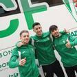 Isma Ruiz, Albarrán y Kevin Medina en la presentación del autobús del Córdoba CF.