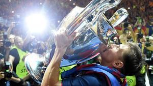 Messi lifts the Champions League earlier this year