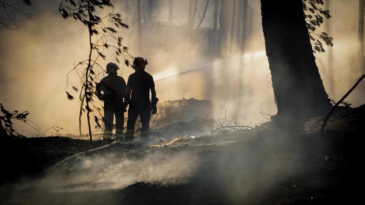 Unos bomberos tratan de controlar el fuego cerca del volcan Vesubio.