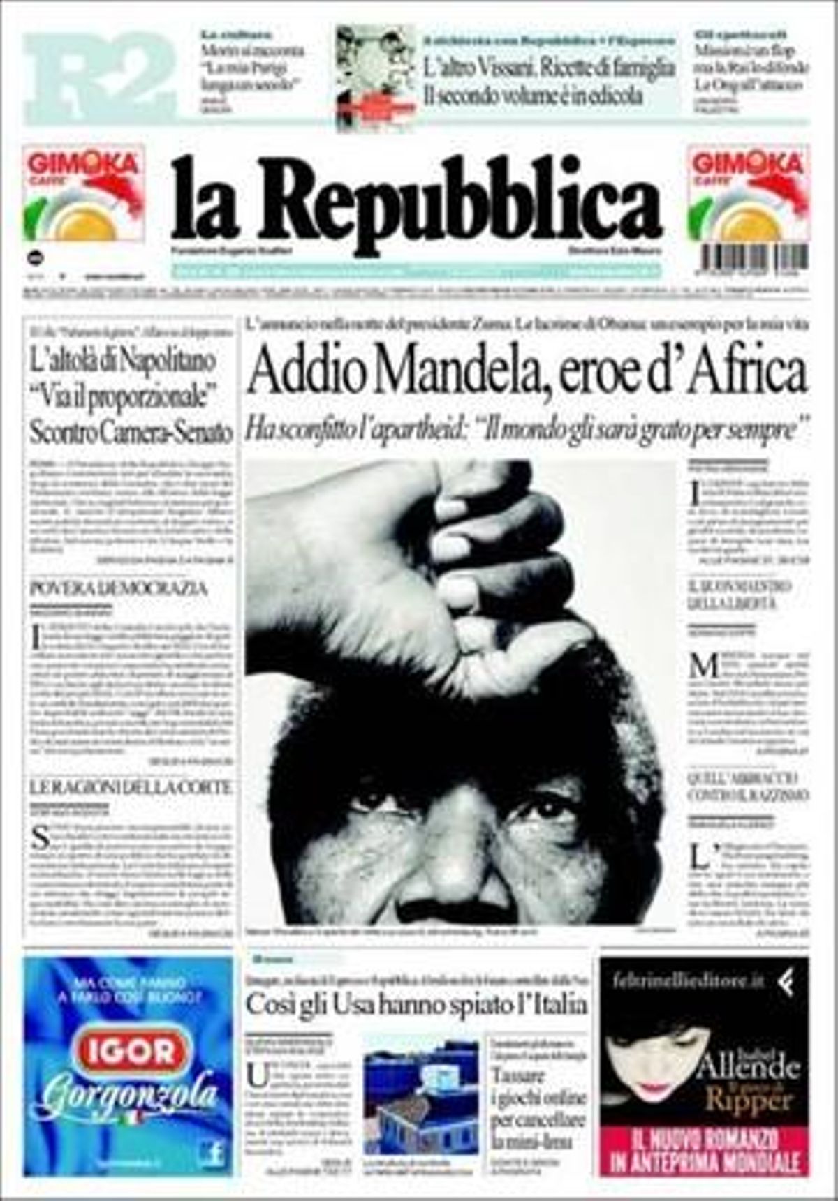 Portada de ’La Repubblica’.