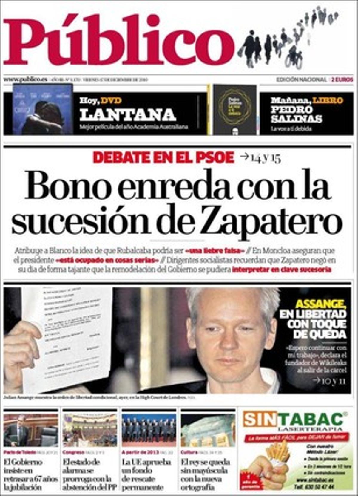 ’Público’ dóna rellevància en pàgines interiors al fet que Maria Dolores de Cospedal no podrà cobrar dos sous a partir del 2011, que Ciutadans medita facilitar que Solidaritat pugui constituir grup propi al Parlament --els prestaria fugaçment un diputat i ells es quedarien sols al grup Mixt--; i a la denúncia judicial de la Comissió Antinuclear de Catalunya contra el procés de selecció de l’enclavament del cementiri atòmic, tant perquè un dels tècnics que el va realitzar és soci mercantil a Marià Vila d’Abadal, gerent de l’AMAC que promou Ascó, com perquè el 40% del terreny ofert per Ascó és sól no urbanitzable. També que la justícia europea veta el turisme del ’coffee-shop’ a l’autoritzar Holanda a tancar alguns d’aquests locals als estrangers.