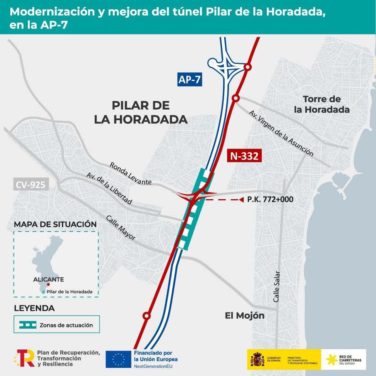 Mapa de la ubicación del túnel de Pilar de la Horadada.