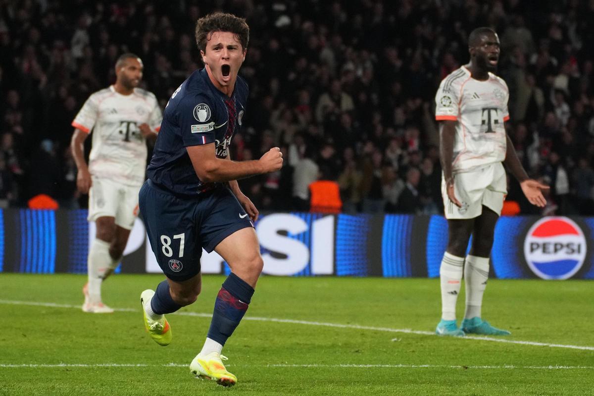 PSG's Joao Neves celebrates after scoring his side's opening goal during the Champions League opening phase soccer match between Paris Saint-Germain and Bayern Munich in Paris, France, Tuesday, Nov. 4, 2025. (AP Photo/Thibault Camus)