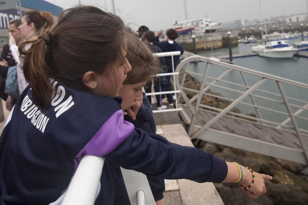 Botadura de chalanas de cartón en Marina Yates, en Gijón