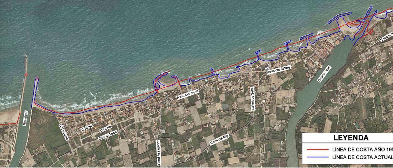 Diferencias de la línea de costa que se fotografió en 1957 (marcada en color rojo) con el perfil (en imágenes tomadas en 2020) actual de las playas del Marenyet y l’Estany. | LEVANTE-EMV